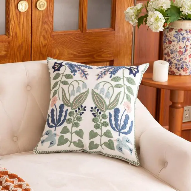 Alt view image 6 of 7 - Pillow Covers Set of 2 Embroidered Branch Pattern Throw Pillow Cover Square Cotton Cushion Pillow Case for Sofa Bedroom Couch 18x18
