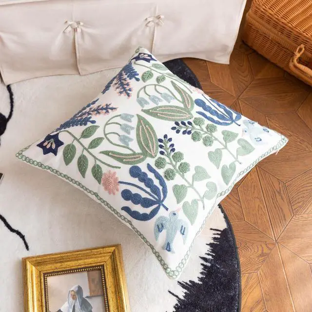 Alt view image 7 of 7 - Pillow Covers Set of 2 Embroidered Branch Pattern Throw Pillow Cover Square Cotton Cushion Pillow Case for Sofa Bedroom Couch 18x18
