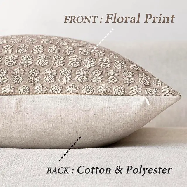 Alt view image 2 of 7 - Set of 2 Decorative Neutral Floral Print Throw Pillow Covers Vintage Accent Farmhouse Cushion Covers Boho Home Decor for Sofa Couch Chair Bedroom Living Room Outdoor 20×20 Inch Tan Taupe