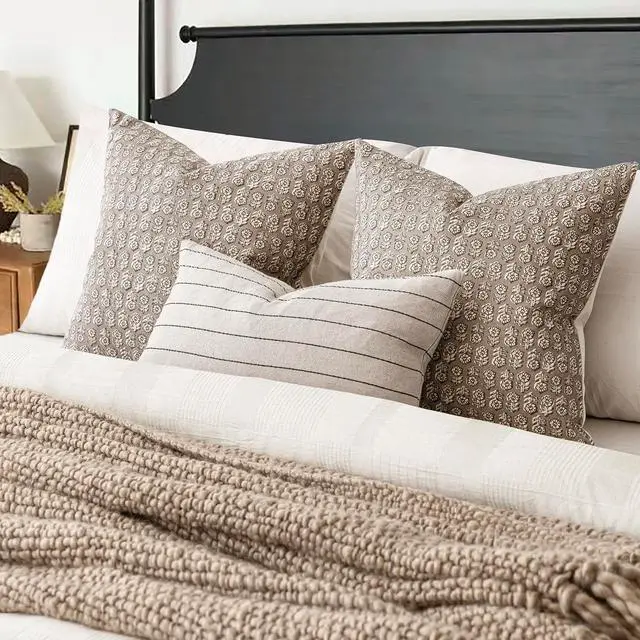 Alt view image 5 of 7 - Set of 2 Decorative Neutral Floral Print Throw Pillow Covers Vintage Accent Farmhouse Cushion Covers Boho Home Decor for Sofa Couch Chair Bedroom Living Room Outdoor 20×20 Inch Tan Taupe