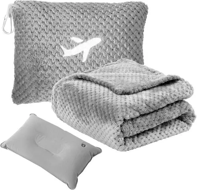 Main image of Travel Blanket Airplane Compact with Bag Travel Essentials 3 in 1 Packable Airplane Blanket Travel Pillow and Blanket Set Inflatable Pillow Luggage Sleeve & Backpack Clip (Light Grey)