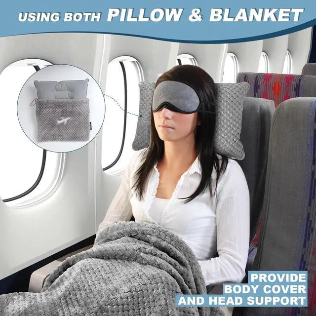 Alt view image 2 of 7 - Travel Blanket Airplane Compact with Bag Travel Essentials 3 in 1 Packable Airplane Blanket Travel Pillow and Blanket Set Inflatable Pillow Luggage Sleeve & Backpack Clip (Light Grey)