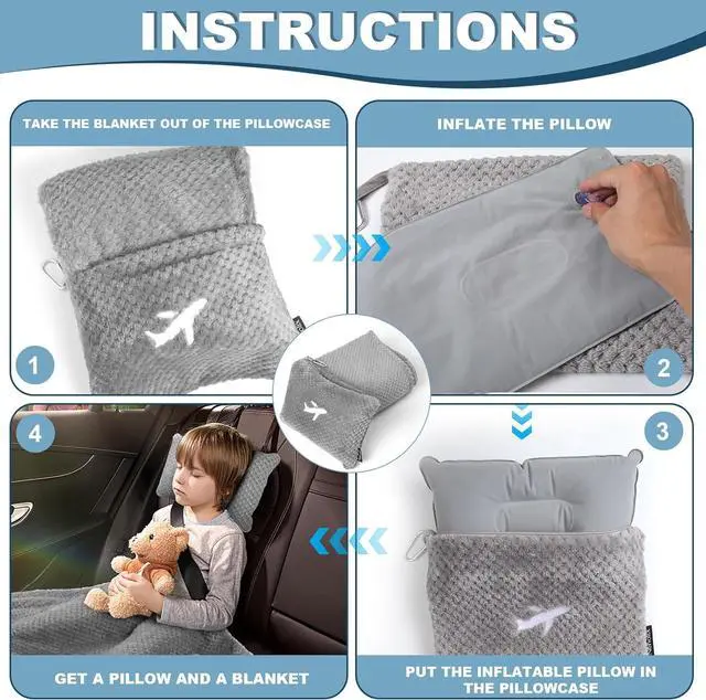 Alt view image 6 of 7 - Travel Blanket Airplane Compact with Bag Travel Essentials 3 in 1 Packable Airplane Blanket Travel Pillow and Blanket Set Inflatable Pillow Luggage Sleeve & Backpack Clip (Light Grey)