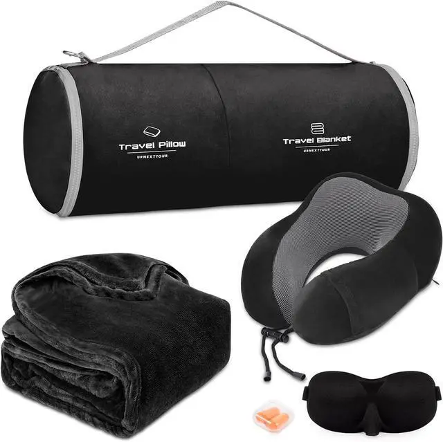 Main image of Travel Pillow and Blanket Set Neck Pillows Travel Essentials with Sleep Mask for Airplane Car Memory Foam Black