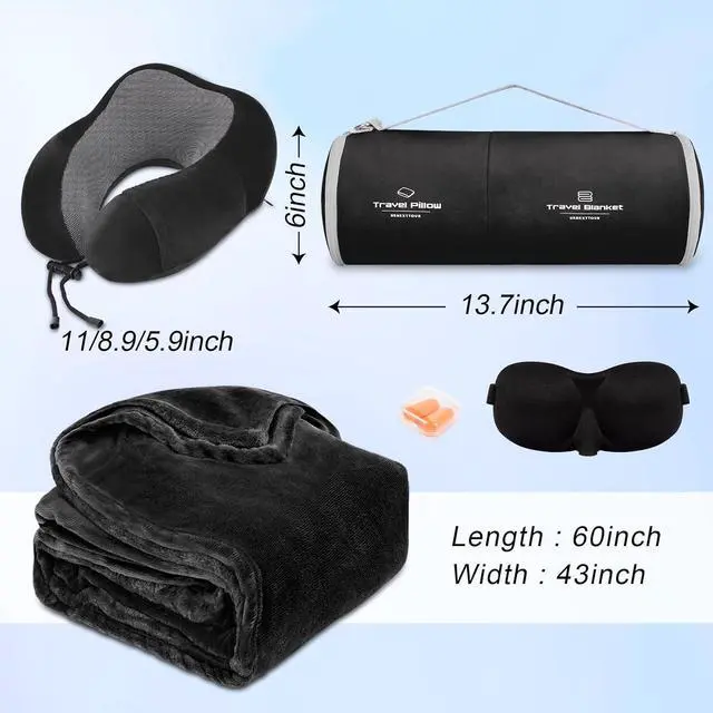 Alt view image 3 of 7 - Travel Pillow and Blanket Set Neck Pillows Travel Essentials with Sleep Mask for Airplane Car Memory Foam Black