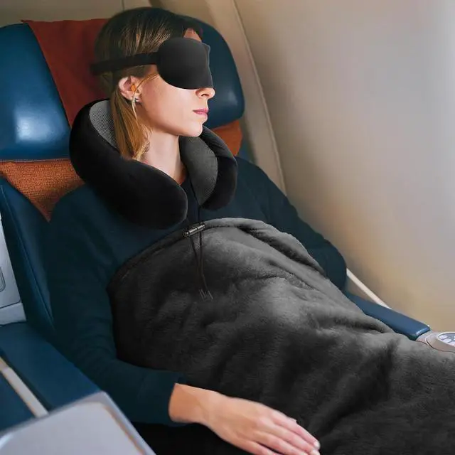 Alt view image 7 of 7 - Travel Pillow and Blanket Set Neck Pillows Travel Essentials with Sleep Mask for Airplane Car Memory Foam Black