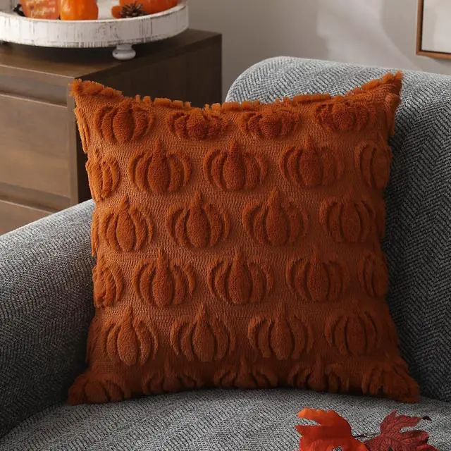 Alt view image 3 of 5 - Fall Pillow Covers 20x20 Set of 2 Fall Decorations Autumn Rust Pumpkin Throw Pillow Cases Soft Plush Faux Fur Wool Couch Cushion Case for Chair Sofa Bedroom Living Room Home Decor PTK02A20