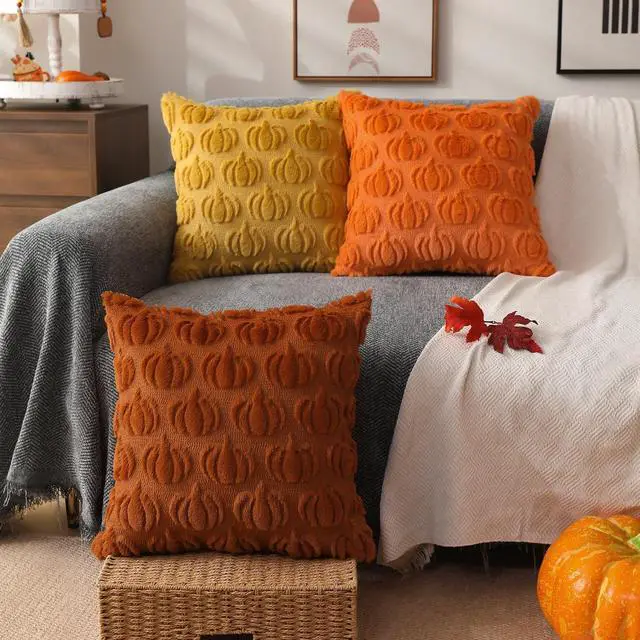 Alt view image 4 of 5 - Fall Pillow Covers 20x20 Set of 2 Fall Decorations Autumn Rust Pumpkin Throw Pillow Cases Soft Plush Faux Fur Wool Couch Cushion Case for Chair Sofa Bedroom Living Room Home Decor PTK02A20