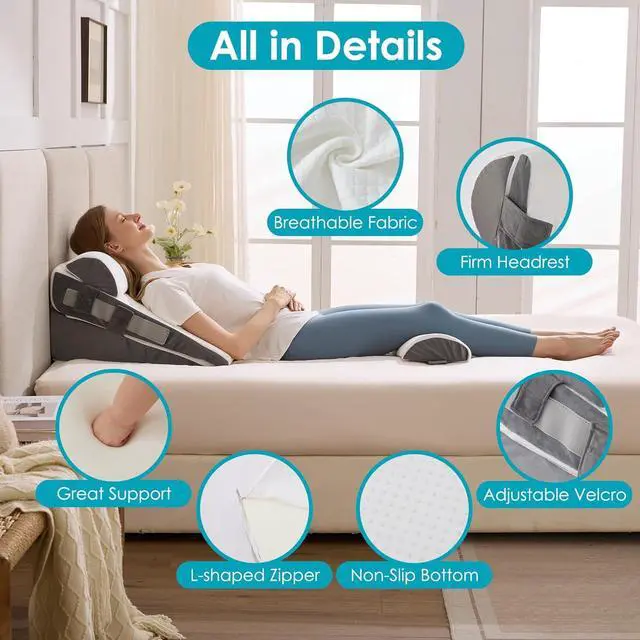 Alt view image 7 of 7 - 3Pcs Wedge Pillow Set for After Surgery Acid Reflux Relief Adjustable Bed Wedge Pillows for Sleeping Anti Snore Memory Foam Triangle Pillow for Back&Neck&Shoulder Pain Relief White&Grey