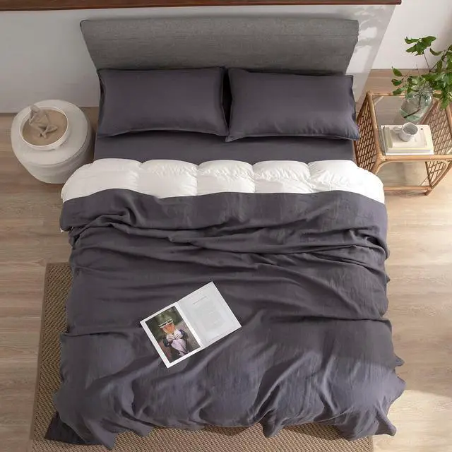 Alt view image 5 of 6 - 100% Linen Pillowcases Set of 2 Envelope Overlap Closure French Natural Washed Flax Pillowcases 20x26inches-Dark Grey
