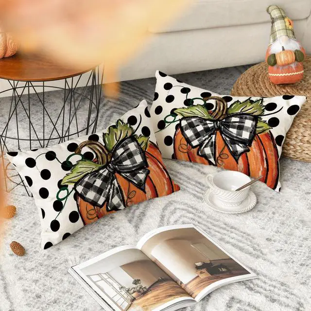 Alt view image 2 of 7 - Fall Polka Dot Pumpkin Throw Pillow Covers 12x20 Inch Seasonal Autumn Thanksgiving Harvest Decoration for Home Sofa Couch Set of 2