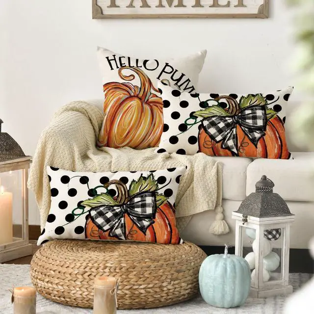 Alt view image 3 of 7 - Fall Polka Dot Pumpkin Throw Pillow Covers 12x20 Inch Seasonal Autumn Thanksgiving Harvest Decoration for Home Sofa Couch Set of 2