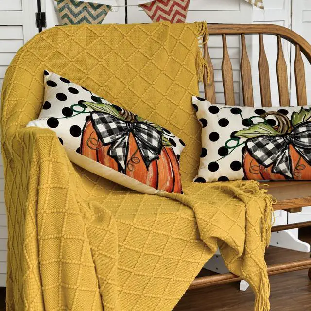 Alt view image 4 of 7 - Fall Polka Dot Pumpkin Throw Pillow Covers 12x20 Inch Seasonal Autumn Thanksgiving Harvest Decoration for Home Sofa Couch Set of 2
