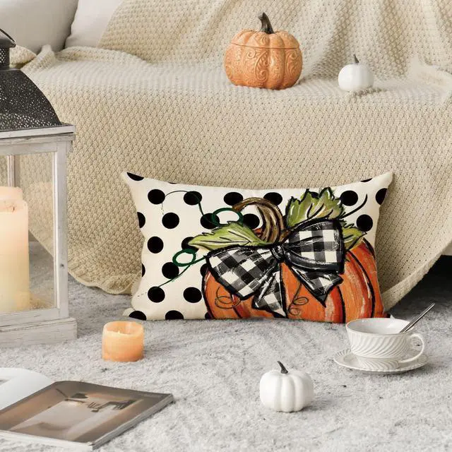 Alt view image 5 of 7 - Fall Polka Dot Pumpkin Throw Pillow Covers 12x20 Inch Seasonal Autumn Thanksgiving Harvest Decoration for Home Sofa Couch Set of 2