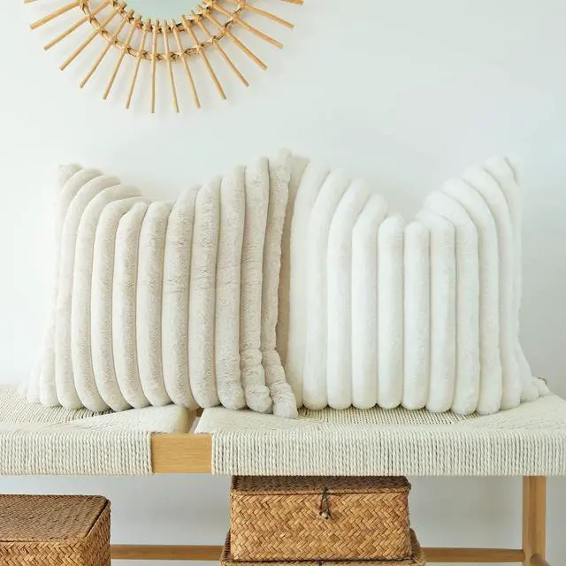 Alt view image 3 of 7 - Pack of 2 Faux Fur Plush Decorative Throw Pillow Covers For Home Couch Cushion Case Soft Solid Pillowcases (Beige 20 x 20-Inch)