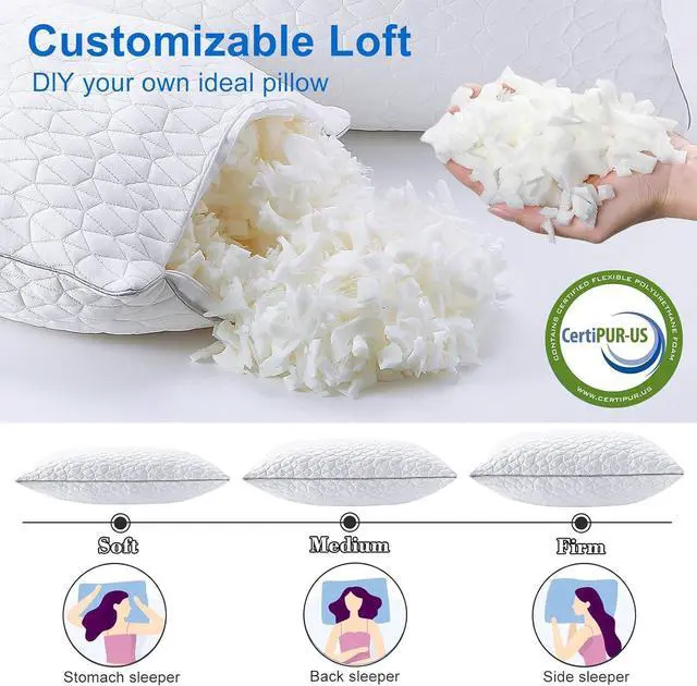 Alt view image 4 of 7 - Cooling Pillows Queen Size Set of 2 Shredded Memory Foam Pillows Adjustable Firm Bed Pillows Cool Cold Pillow for Hot Side Back Stomach Sleepers with Removable Washable Cover 20 x 30 White