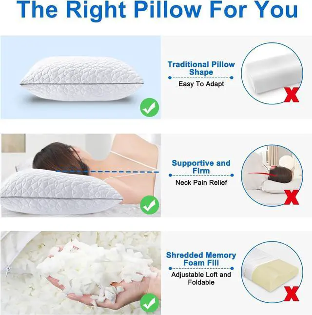 Alt view image 5 of 7 - Cooling Pillows Queen Size Set of 2 Shredded Memory Foam Pillows Adjustable Firm Bed Pillows Cool Cold Pillow for Hot Side Back Stomach Sleepers with Removable Washable Cover 20 x 30 White