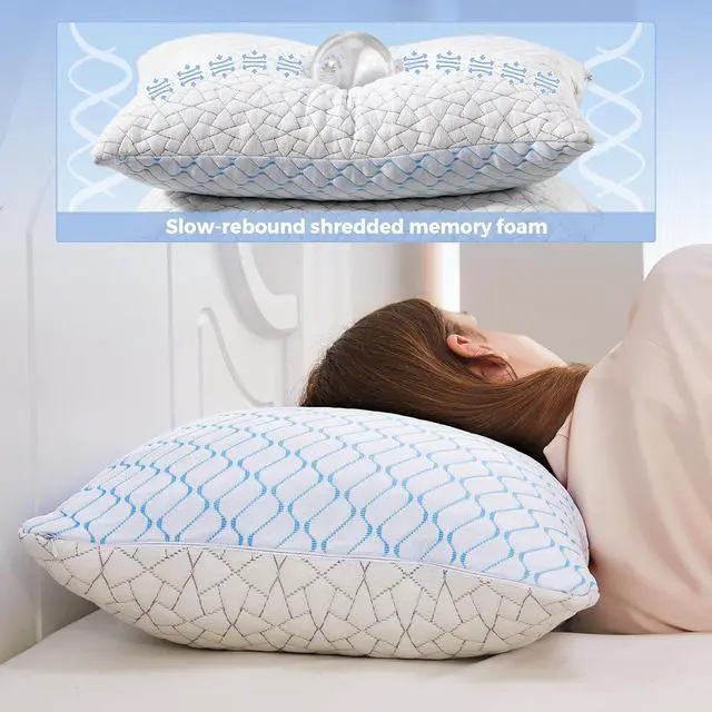 Alt view image 4 of 6 - King Size Pillows Set of 2 Shredded Memory Foam Pillows Cooling Pillow King 2 Pack Foam Pillow for Sleeping Adjustable Firm Bed Pillow for Side Back and Stomach Sleepers