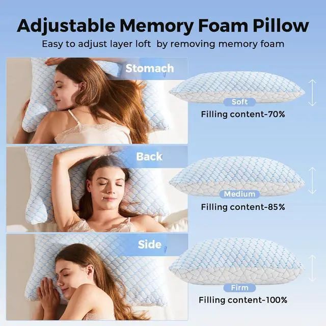 Alt view image 3 of 6 - King Size Pillows Set of 2 Shredded Memory Foam Pillows Cooling Pillow King 2 Pack Foam Pillow for Sleeping Adjustable Firm Bed Pillow for Side Back and Stomach Sleepers