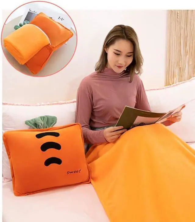 Alt view image 4 of 6 - 15 Stuffed Fruit Travel Blanket and Pillow Set 3 in 1 Plush Stuffed Hugging Pillow with Warming Hands Pillow Blanket for Kids Gift Travel Airplane Train Bed Office Nap (Pink - Strawberry)