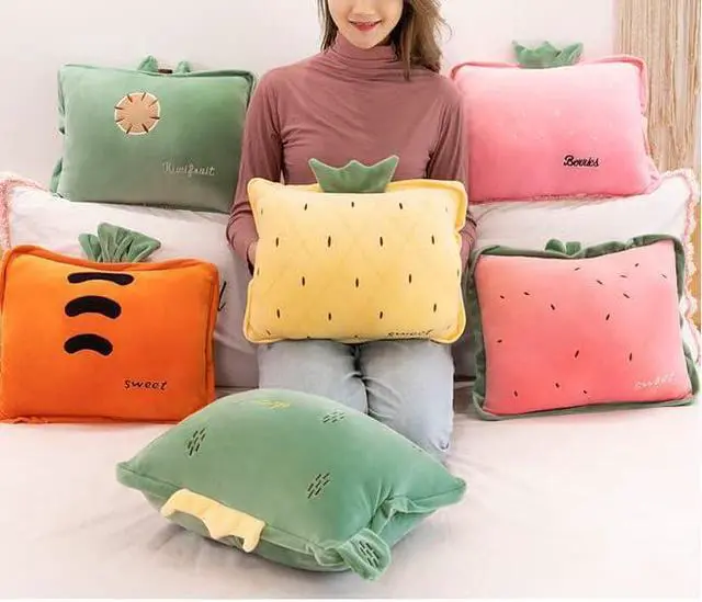 Alt view image 5 of 6 - 15 Stuffed Fruit Travel Blanket and Pillow Set 3 in 1 Plush Stuffed Hugging Pillow with Warming Hands Pillow Blanket for Kids Gift Travel Airplane Train Bed Office Nap (Pink - Strawberry)