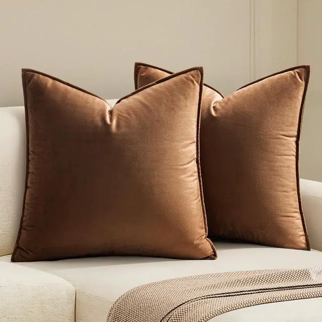 Main image of Pack of 2 Brown Decorative Velvet Throw Pillow Cover Soft Pillowcase Solid Square Cushion Case for Sofa Bedroom Car 20x20 Inch 50x50 Cm