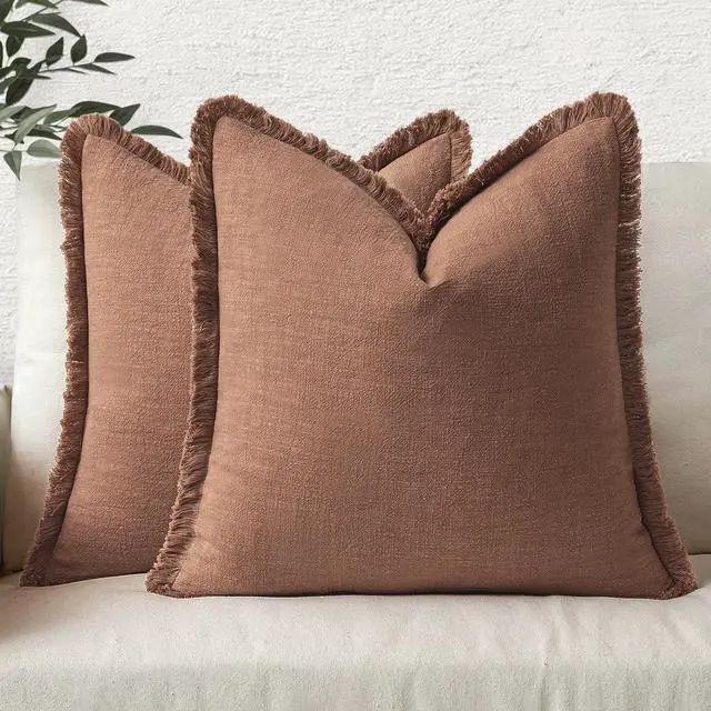 Main image of Decorative Throw Pillow Covers Neutral Linen Fringe Throw Pillows Set of 2 Brick Boho Farmhouse Cushion Covers with Tassels for Couch Sofa Bed Living Room Spring Home Decor 20x20 Inch
