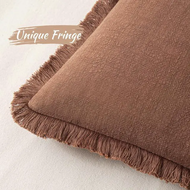 Alt view image 2 of 6 - Decorative Throw Pillow Covers Neutral Linen Fringe Throw Pillows Set of 2 Brick Boho Farmhouse Cushion Covers with Tassels for Couch Sofa Bed Living Room Spring Home Decor 20x20 Inch