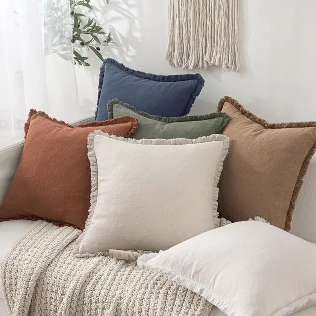Alt view image 4 of 6 - Decorative Throw Pillow Covers Neutral Linen Fringe Throw Pillows Set of 2 Brick Boho Farmhouse Cushion Covers with Tassels for Couch Sofa Bed Living Room Spring Home Decor 20x20 Inch