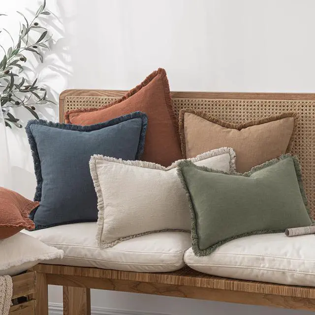 Alt view image 5 of 6 - Decorative Throw Pillow Covers Neutral Linen Fringe Throw Pillows Set of 2 Brick Boho Farmhouse Cushion Covers with Tassels for Couch Sofa Bed Living Room Spring Home Decor 20x20 Inch