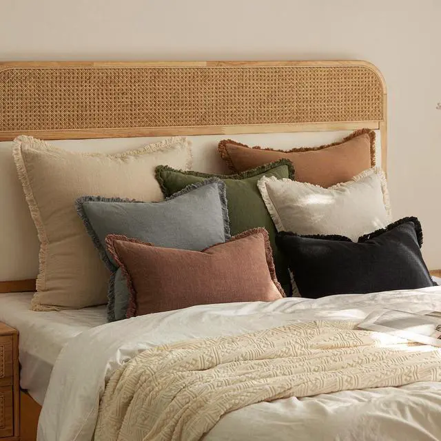 Alt view image 6 of 6 - Decorative Throw Pillow Covers Neutral Linen Fringe Throw Pillows Set of 2 Brick Boho Farmhouse Cushion Covers with Tassels for Couch Sofa Bed Living Room Spring Home Decor 20x20 Inch