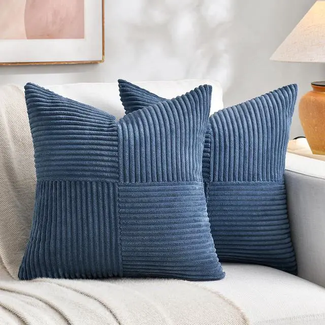 Main image of 2 Packs Dusty Blue Decorative Throw Pillow Covers 20x20 Inch for Living Room Couch Bed Sofa Rustic Farmhouse Boho Home Decor Soft Corss Corduroy Patchwork Accent Cushion Case 50x50 cm