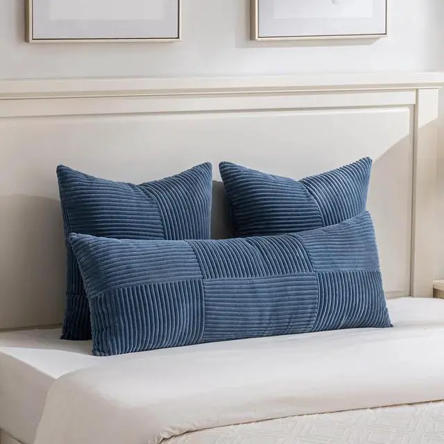 Alt view image 5 of 7 - 2 Packs Dusty Blue Decorative Throw Pillow Covers 20x20 Inch for Living Room Couch Bed Sofa Rustic Farmhouse Boho Home Decor Soft Corss Corduroy Patchwork Accent Cushion Case 50x50 cm