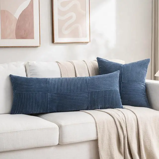Alt view image 6 of 7 - 2 Packs Dusty Blue Decorative Throw Pillow Covers 20x20 Inch for Living Room Couch Bed Sofa Rustic Farmhouse Boho Home Decor Soft Corss Corduroy Patchwork Accent Cushion Case 50x50 cm