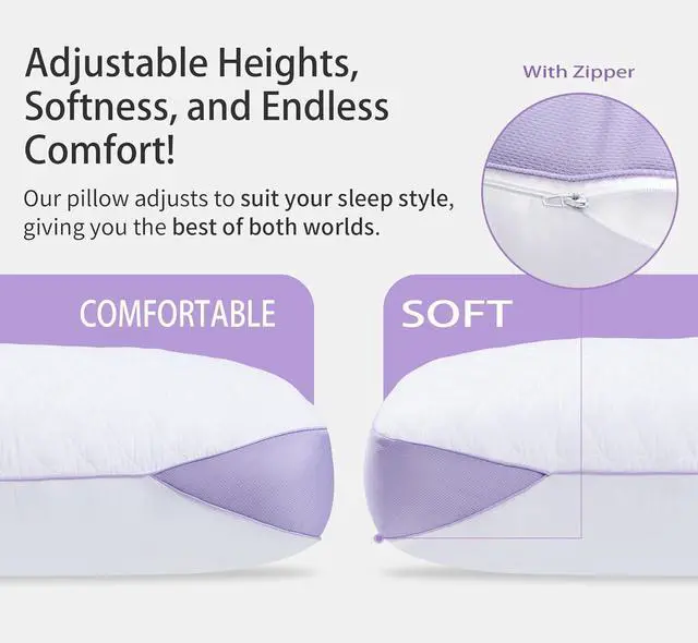 Alt view image 4 of 6 - Adjustable Bed Pillows Queen Size Set of 2 Pack with Zipper Supportive Breathable Cooling Hotel Luxury Down Alternative Gusseted Pillow for Side Stomach or Back Sleepers