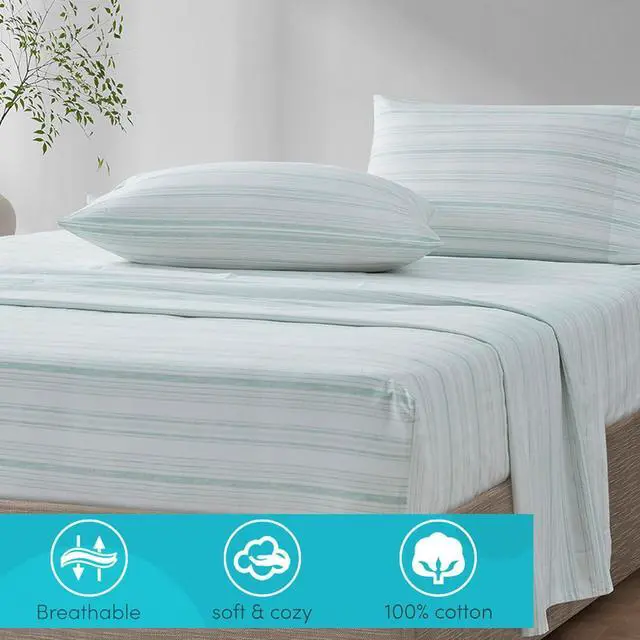 Alt view image 2 of 7 - 100% Cotton Sheet Set Breathable Lightweight Soft with 14 Elastic Pocket Fits up to 16 Mattress All Season Cozy Bedding Matching Pillow Case Queen Good Vibes 4 Piece