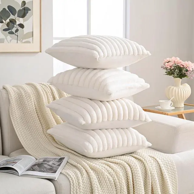 Alt view image 2 of 6 - Set of 4 Faux Fur Plush Decorative Throw Pillow Covers 20x20 Inch Luxury Striped Cushion Cases Soft Fluffy Accent Pillowcases for Sofa Couch and Bed Cream White