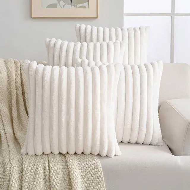 Alt view image 4 of 6 - Set of 4 Faux Fur Plush Decorative Throw Pillow Covers 20x20 Inch Luxury Striped Cushion Cases Soft Fluffy Accent Pillowcases for Sofa Couch and Bed Cream White