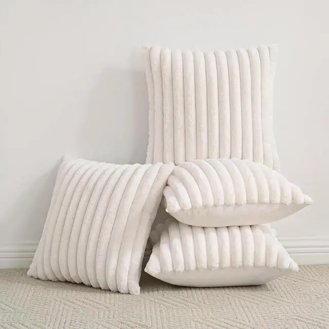 Alt view image 5 of 6 - Set of 4 Faux Fur Plush Decorative Throw Pillow Covers 20x20 Inch Luxury Striped Cushion Cases Soft Fluffy Accent Pillowcases for Sofa Couch and Bed Cream White