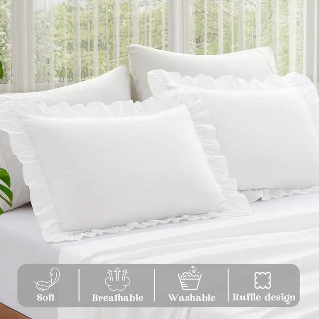 Alt view image 4 of 7 - Ruffle Pillow Cases Queen Size Set of 2 Ruffled Pillow Covers with Envelope Closure Wrinkle Resistant Pillowcases 20 x 30 Ruffled Pillow Shams White