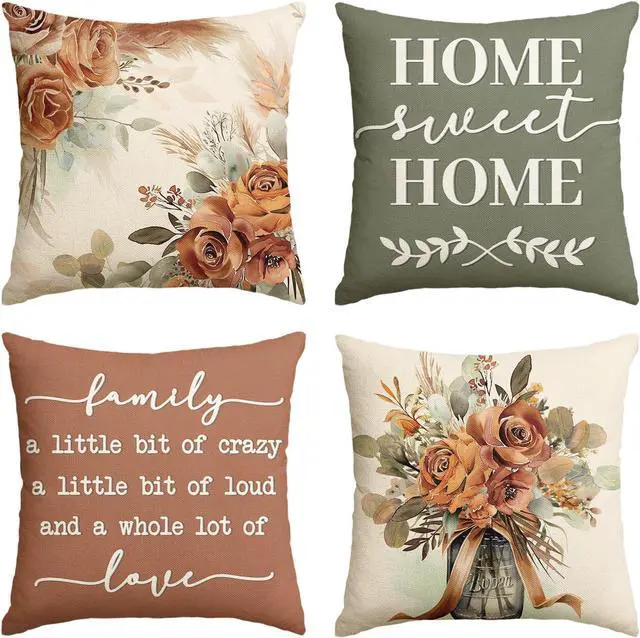 Main image of Home Sweet Home Terracotta Sage Throw Pillow Covers 18 x 18 Inch Seasonal Fall Eucalyptus Floral Motto Cushion Case for Sofa Couch Set of 4
