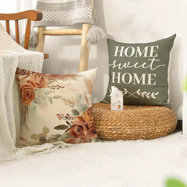 Alt view image 2 of 7 - Home Sweet Home Terracotta Sage Throw Pillow Covers 18 x 18 Inch Seasonal Fall Eucalyptus Floral Motto Cushion Case for Sofa Couch Set of 4