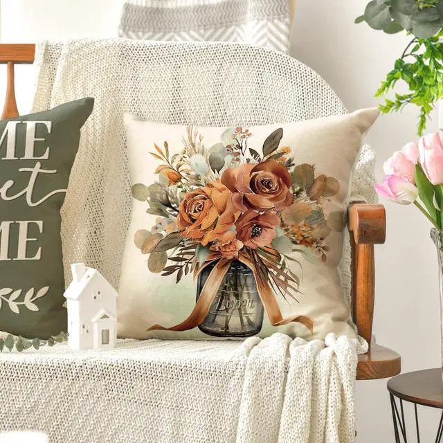 Alt view image 5 of 7 - Home Sweet Home Terracotta Sage Throw Pillow Covers 18 x 18 Inch Seasonal Fall Eucalyptus Floral Motto Cushion Case for Sofa Couch Set of 4