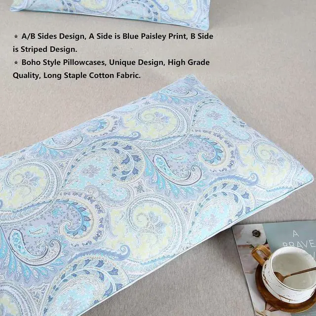 Alt view image 2 of 5 - 100% Cotton Pillowcases Pillow Cases Queen Size Blue Decorative Paisley Design Pillow Cover Set of 2 (Queen Size 20x30 Inches)