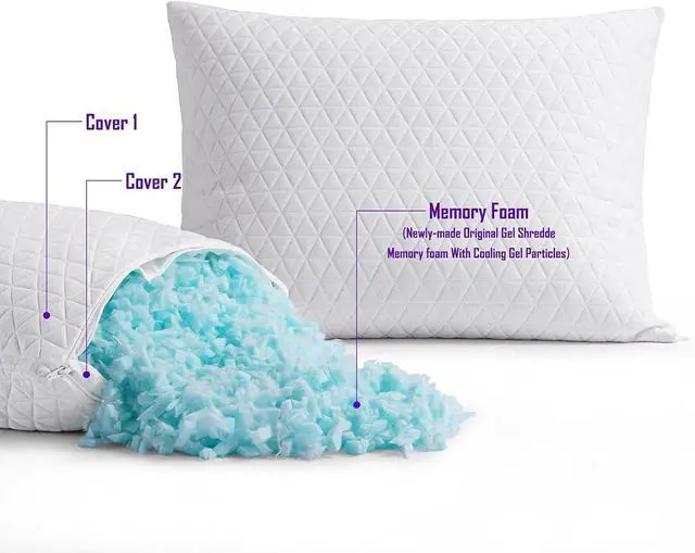 Alt view image 5 of 7 - Shredded Memory Foam Pillows for Sleeping Bed Pillows King Size Set of 2 Pack Cooling Adjustable Good for Side and Back Sleeper with Washable Removable Cover