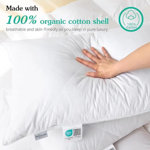 Alt view image 3 of 7 - White Goose Feather Bed Pillows Queen/Standard Size Set of 2- Soft 600 Thread Count 100% Cotton Medium Firm Soft Support Surround Fill Polyfiber White Solid