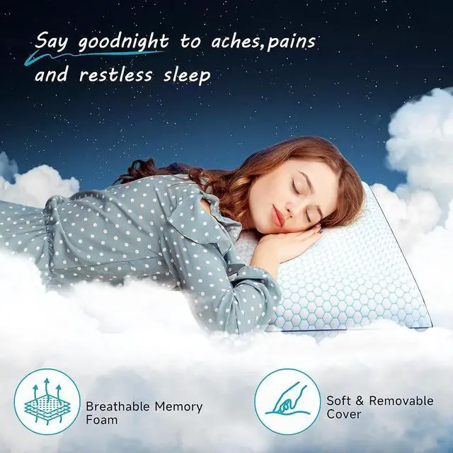 Alt view image 2 of 7 - Memory Foam Pillows for Side Back and Stomach Sleepers Set of 2 Bed Pillow with Washable Cover and Breathable Mesh Bed Pillow for Sleeping (BlueStandard Size)