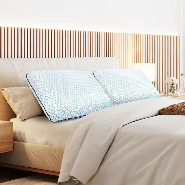 Alt view image 7 of 7 - Memory Foam Pillows for Side Back and Stomach Sleepers Set of 2 Bed Pillow with Washable Cover and Breathable Mesh Bed Pillow for Sleeping (BlueStandard Size)