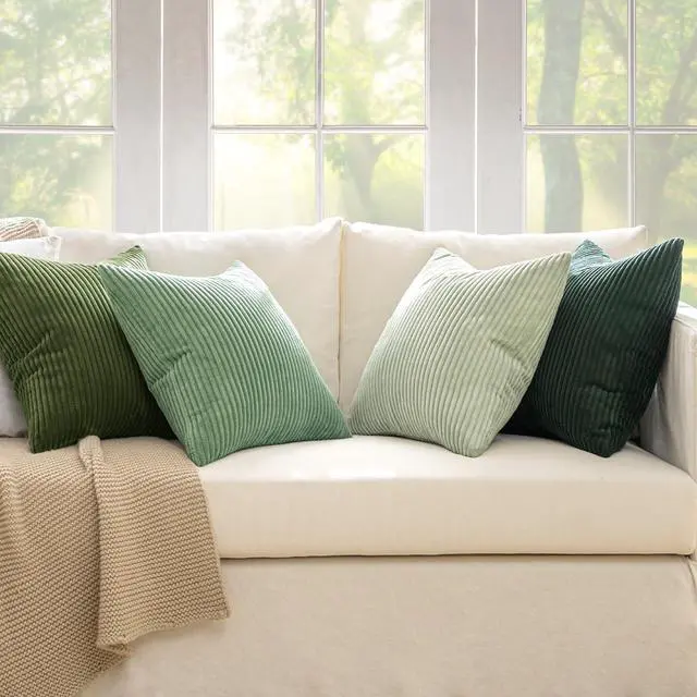 Alt view image 5 of 7 - Summer Boho Farmhouse Sage Green Throw Pillow Covers 18x18 Inch Set of 4 Mordern Nordic Cushion Covers Soft Corduroy Home Decor for Couch Bed Sofa Living Room Forest Green