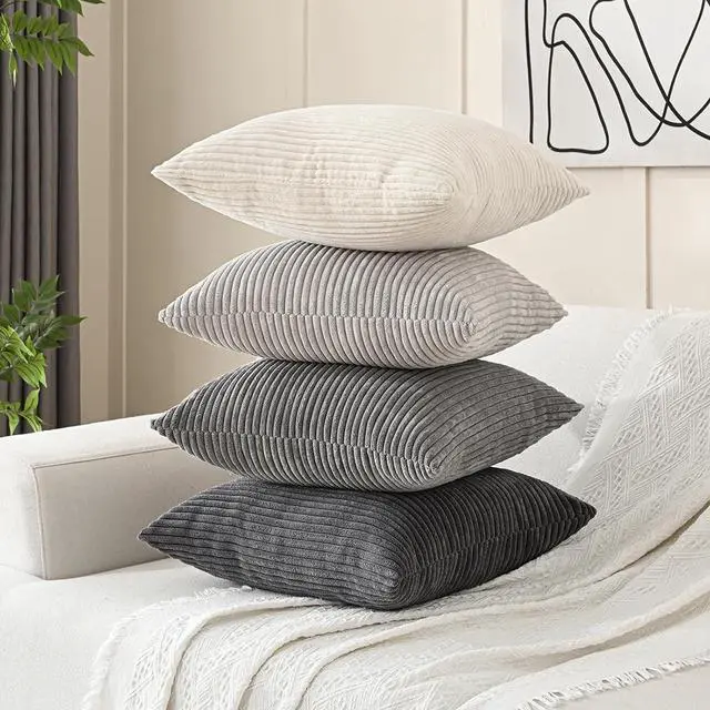 Alt view image 2 of 6 - Set of 4 Neutral Grey Corduroy Decorative Couch Throw Pillow Covers 18x18 Inch Western Modern Farmhouse Striped Cushion Cases Soft Boho Square Accent Pillow Covers for Home Sofa
